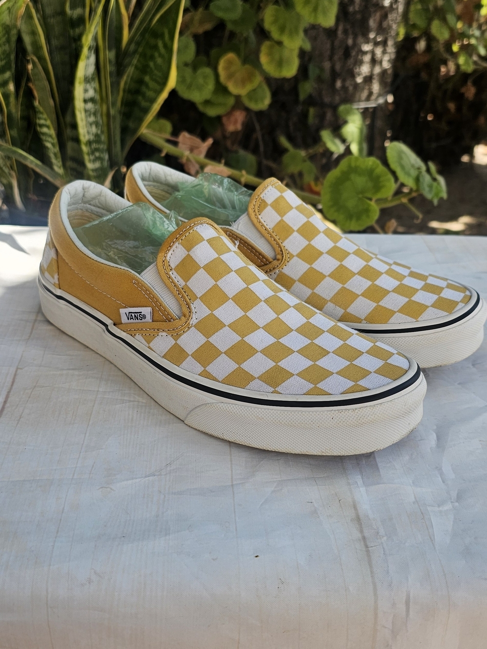 Vans Women’s Yellow and White Checkerboard Slip-On Sneakers